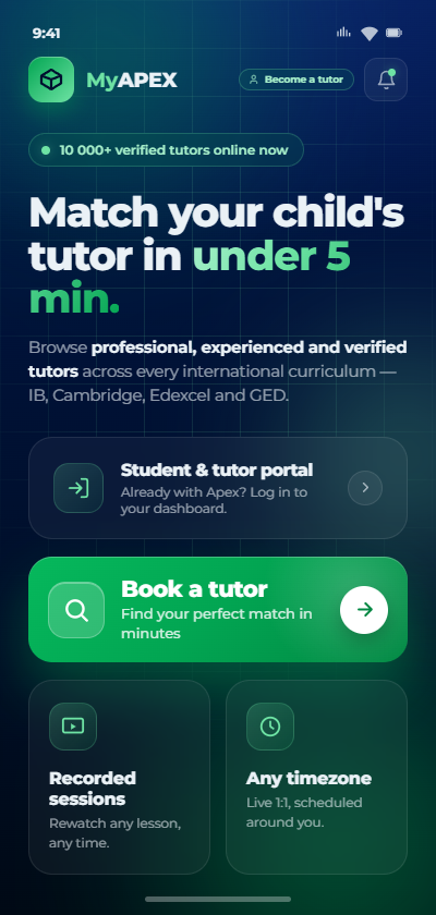 MyAPEX app home screen — match your child's tutor in under 5 minutes